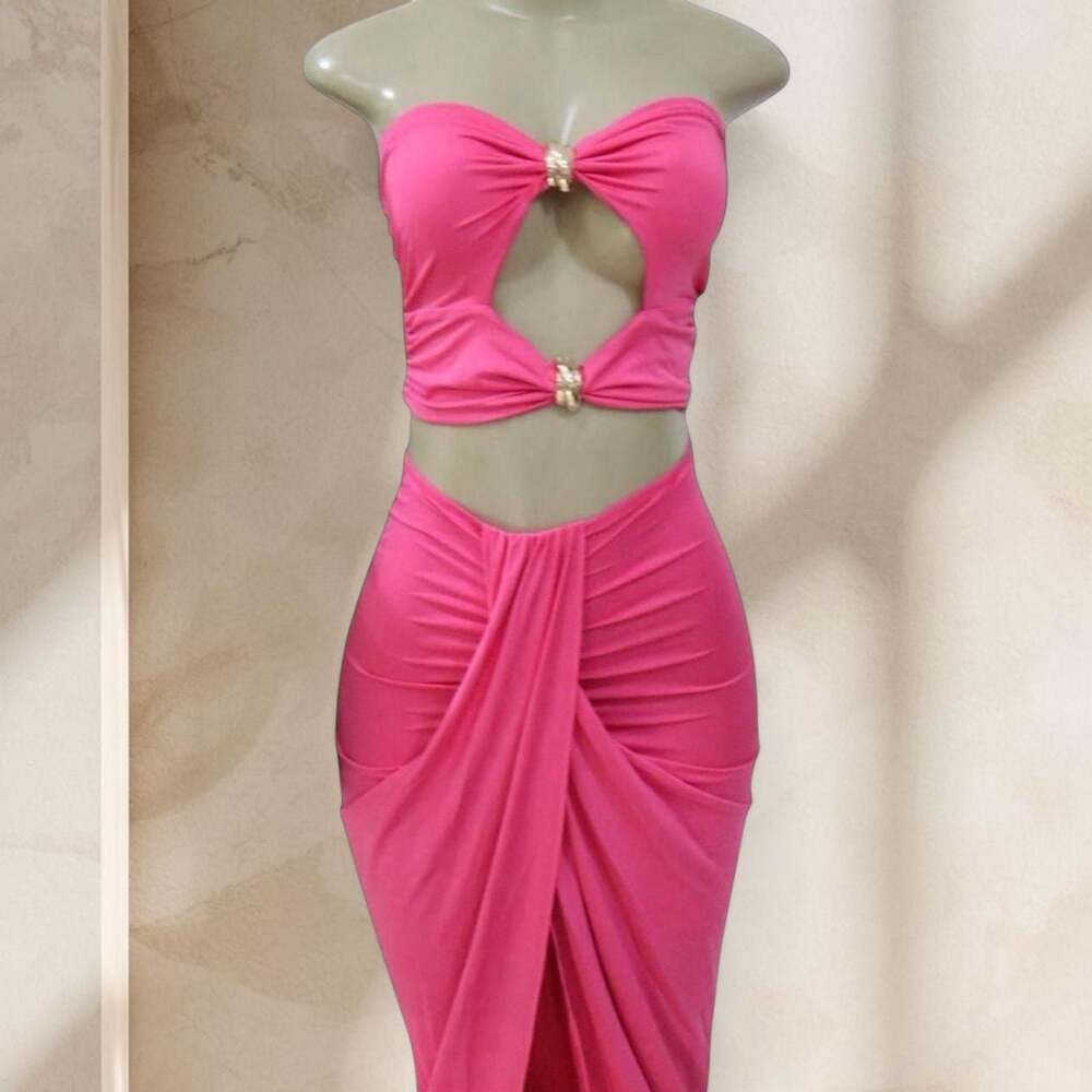 Pink Cutout Two Piece Set – Strapless Top & Draped Maxi Skirt Barbie Sexy ✧ M - Picture 2 of 3